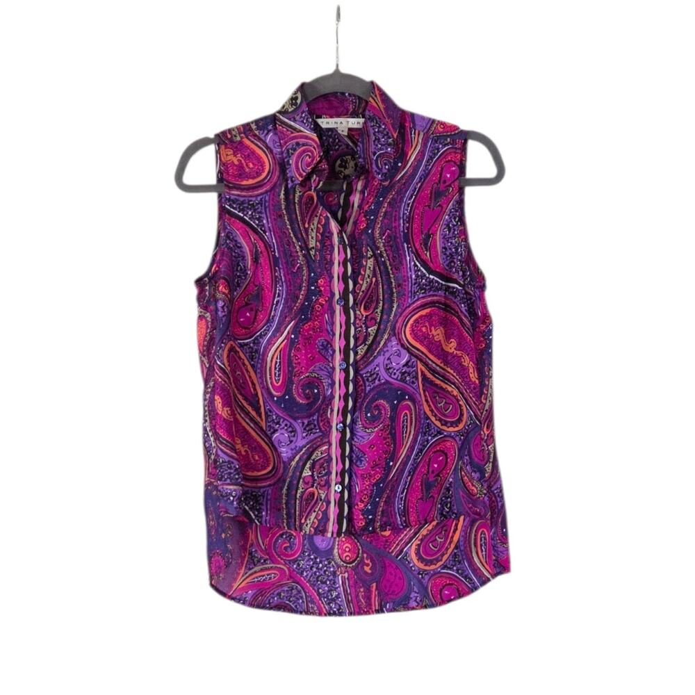 Trina Turk 100% Silk Satin Purple Paisley Sleeveless Buttondown Blouse, Petite S